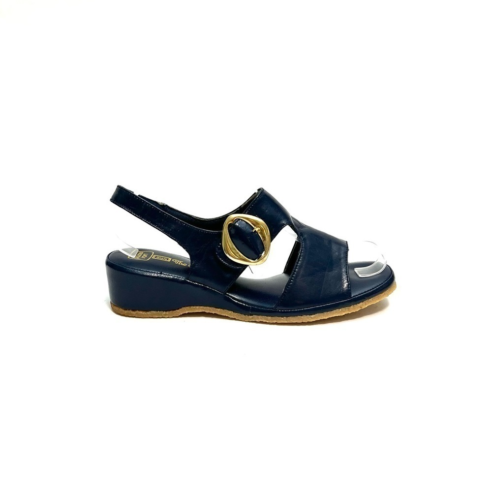 Vintage 1960s deadstock vegan navy blue patent leather slingback wedge sandals